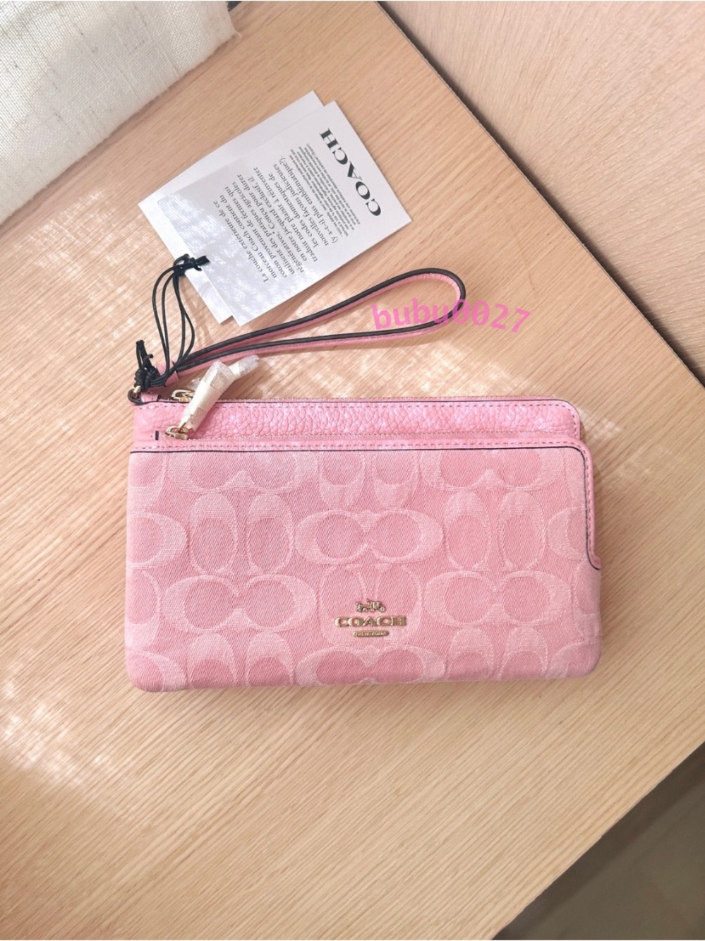 NWT💕Coach Double Zip Wallet In Signature Denim Light Pink CDN22 Wristlet Gifts